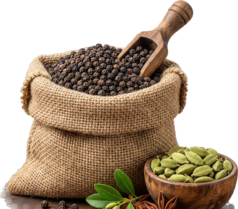 Premium Sourced Indian Spices Burlap Sack and Cardamom